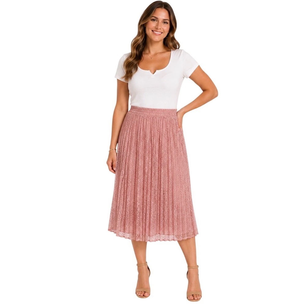 Pleated Lace Midi Skirt - Dusty Rose